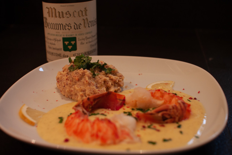 Queue de langoustes, sabayon à la vanille et Muscat de Beaumes de Venise du Domaine des Bernardins